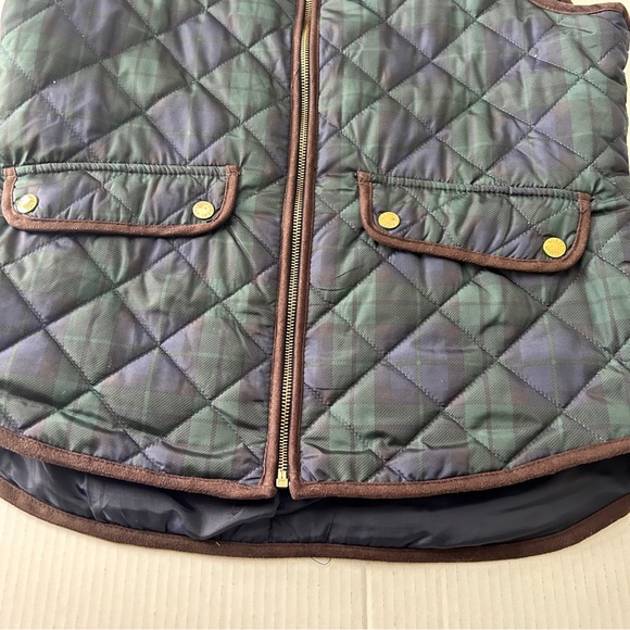 British Khaki Plaid Quilted Zip Vest Blue Green Women's L fur collar snap pocket - Picture 4 of 10